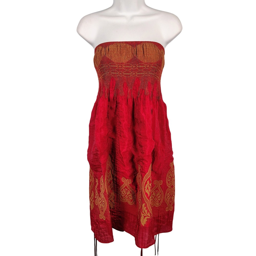 Womens OS Convertible Smocked Strapless Dress Maxi Skirt Red Gold Paisley Boho